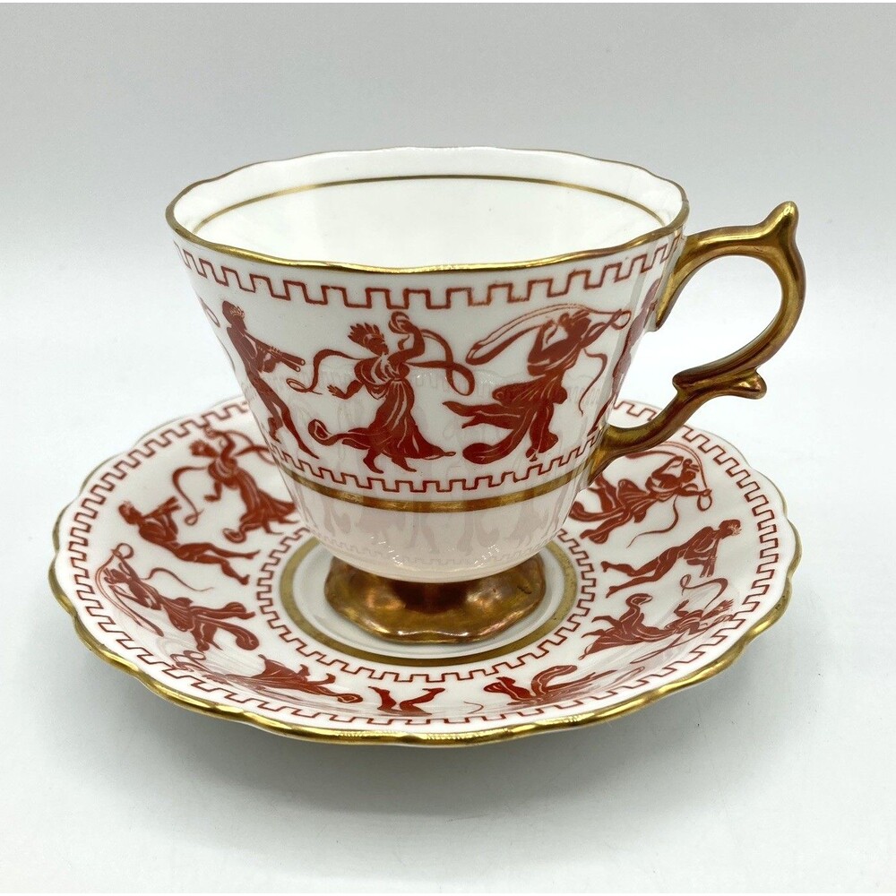 Vintage Taylor & Kent Bone China Tea Cup & Saucer Greek Figures Red Gold England